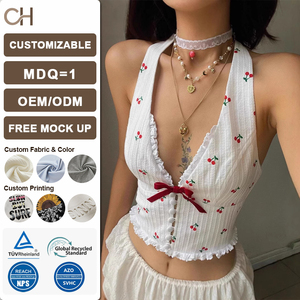 <span class=keywords><strong>Top</strong></span> <span class=keywords><strong>Halter</strong></span> Y2K con Estampado de Cerezas, Lazo de Encaje, Escote en V y Espalda Descubierta para Mujer, Colección Verano 2026, Estilo Resort y Urbano, con Plumas y Borlas, <span class=keywords><strong>Top</strong></span> Corto <span class=keywords><strong>Blanco</strong></span> - Product Image 1