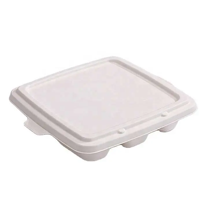 Gran oferta, bandejas de comida rectangulares de bagazo biodegradables de 3 compartimentos para boda, bandeja de almuerzo grande de pulpa de caña de azúcar