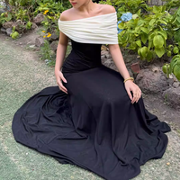 Robe maxi élégante et chic, blanc et noir contrastés, épaules dénudées, robe de soirée formelle de jour comme de nuit, simple et chic, robe de fête, de mariage ou de dîner pour femmes