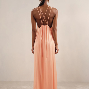Nouvelle Arrivée 2026 – Robe longue décontractée en satin pêche pour femme, col halter, double bretelle, corsage froncé, fente latérale - Product Image 2