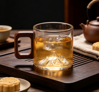Tasses en verre borosilicate de 200 ml (6,5 oz) en forme de montagne avec poignée en bois pour le thé et le café, idéales pour la maison et le bureau