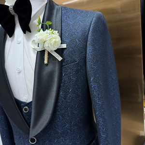 Costume <span class=keywords><strong>Homme</strong></span> Imprimé Bleu Marine, Blazer Simple Boutonnage avec Revers Châle en Soie Noire, <span class=keywords><strong>Ensemble</strong></span> <span class=keywords><strong>Trois</strong></span> Pièces pour Soirées Formelles 2026 - Product Image 4