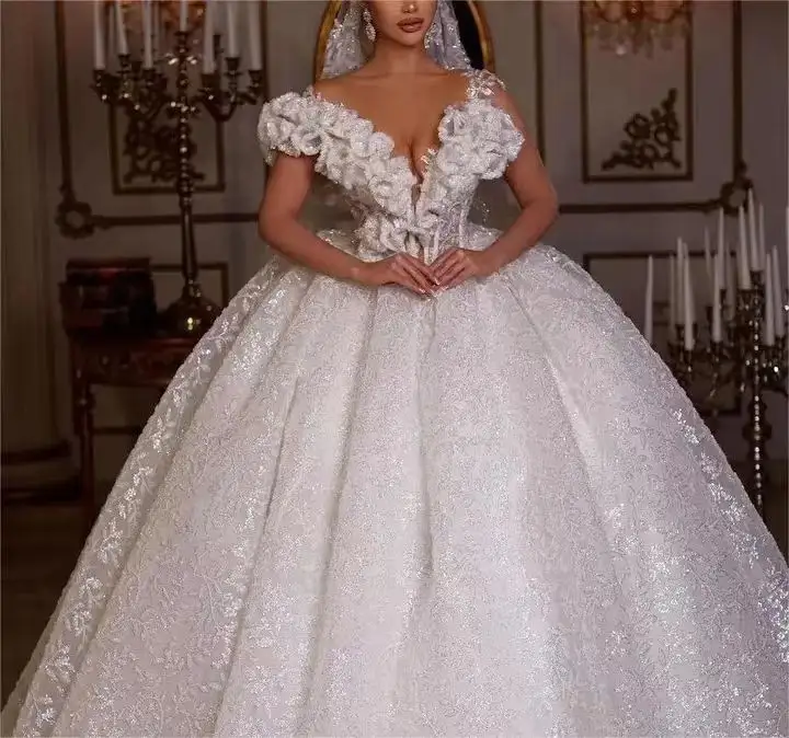 Công chúa sưng húp bóng áo choàng váy cưới 3D hoa tắt vai ngắn tay áo cô dâu pha lê cô dâu