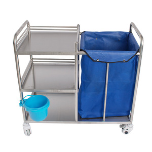 Stainless Steel Hospital Trolley Three <b>Layer</b> With <b>Blue</b> Bag And Bucket For Linen Washing And Waste Management - Product Image 2