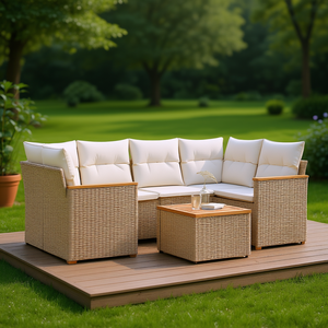 Ensemble de canapés de jardin en rotin PE beige avec meubles d'extérieur en bois d'acacia, design contemporain, coussins en mousse haute densité - Product Image 2