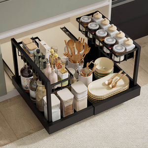 Organisateur de placard coulissant extensible, panier de rangement coulissant pour cuisine et salle de bain, organisateur sous évier à 2 niveaux - Product Image 1