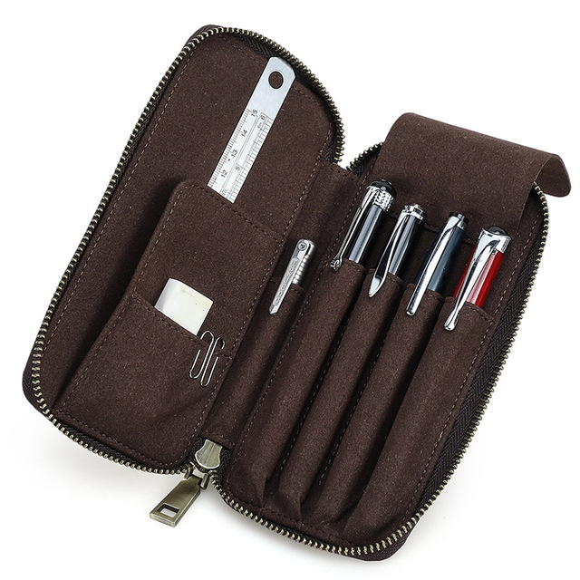 Top Grade Cowhide Pen Organizer Hand Crafted 5Slot Zipper Pencil Case Large Capacity for School Office