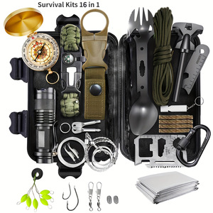 Kit de supervivencia 16 en 1, conjunto de herramientas de emergencia compacto para acampar al aire libre, pesca, equipo portátil multifunción de acero inoxidable - Product Image 1