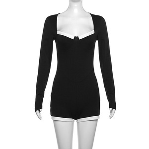 Combinaison décontractée pour femme, sexy, à décolleté plongeant, avec bas en tricot aux couleurs contrastées, tendance - Product Image 4