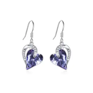 Oecchino di cristallo con cuore in argento sterling 925 in pietra viola orecchino con perno amore per le donne