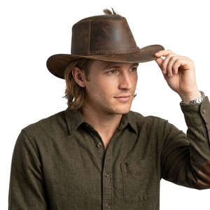 Chapeau de cowboy unisexe 100% cuir véritable marron/cacao, ajustement facile, idéal pour les voyages, la plage, l'équitation, les activités de plein air, protection solaire, pour quatre adultes, style décontracté - Product Image 1