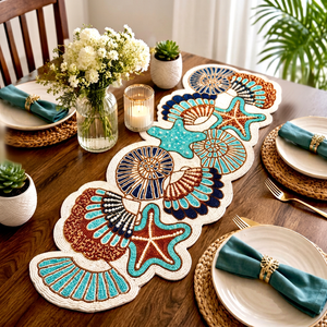 Camino de Mesa de Tela Ecológica Hecho a Mano de Estilo Bohemio de Lujo, con Diseño de Vida Marina y Cuentas, Forma Irregular, Manteles y Alfombrillas - Product Image 1