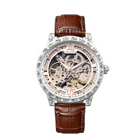 Montre automatique pour homme AOKULASIC 2120, vintage, avec lunette gravée, cadran squelette entièrement ajouré, bracelet en cuir, montre mécanique de luxe