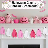 Set Hiasan Hantu dan Labu Gantung 16 Buah Warna Pink Putih untuk Dekorasi Pesta di Halaman
