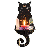 Étagère murale en bois Chat Noir Loup, support mural flottant Lune Étoile Céleste, décoration d'autel Wiccan pour bougies et cristaux