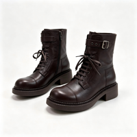 Sepatu Wanita Kulit Sapi Lembut Cokelat Vintage Model Retro Combat dengan Tali, Gesper Logam, Ritsleting Samping, Hak Tebal, Musim Gugur Musim Dingin, MOQ Rendah