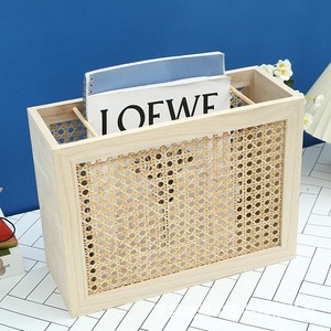 Wooden Magazine Organizer With Rattan Weave Desktop <b>Storage</b> Box 45L Natural Color <b>File</b> Holder For Office Home Use - Product Image 2