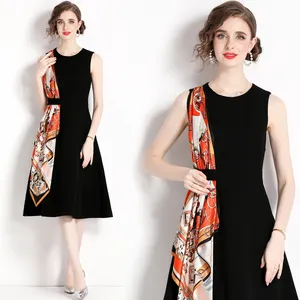 Droma fast shipping in stock top quality high wait sleeveless o neck fashion printed casual summer dresses for women
