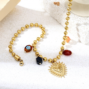 Collar de Bolas de Acero Inoxidable Impermeable con Baño de Oro de 18K, Colgante de Corazón Vintage y Piedras de Colores, Joyería Tipo Gargantilla - Product Image 5