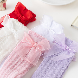 2025 printemps été nouvelle maille respirant gaze <span class=keywords><strong>noeud</strong></span> princesse bébé filles bas enfants genou haut nœud chaussettes - Product Image 1