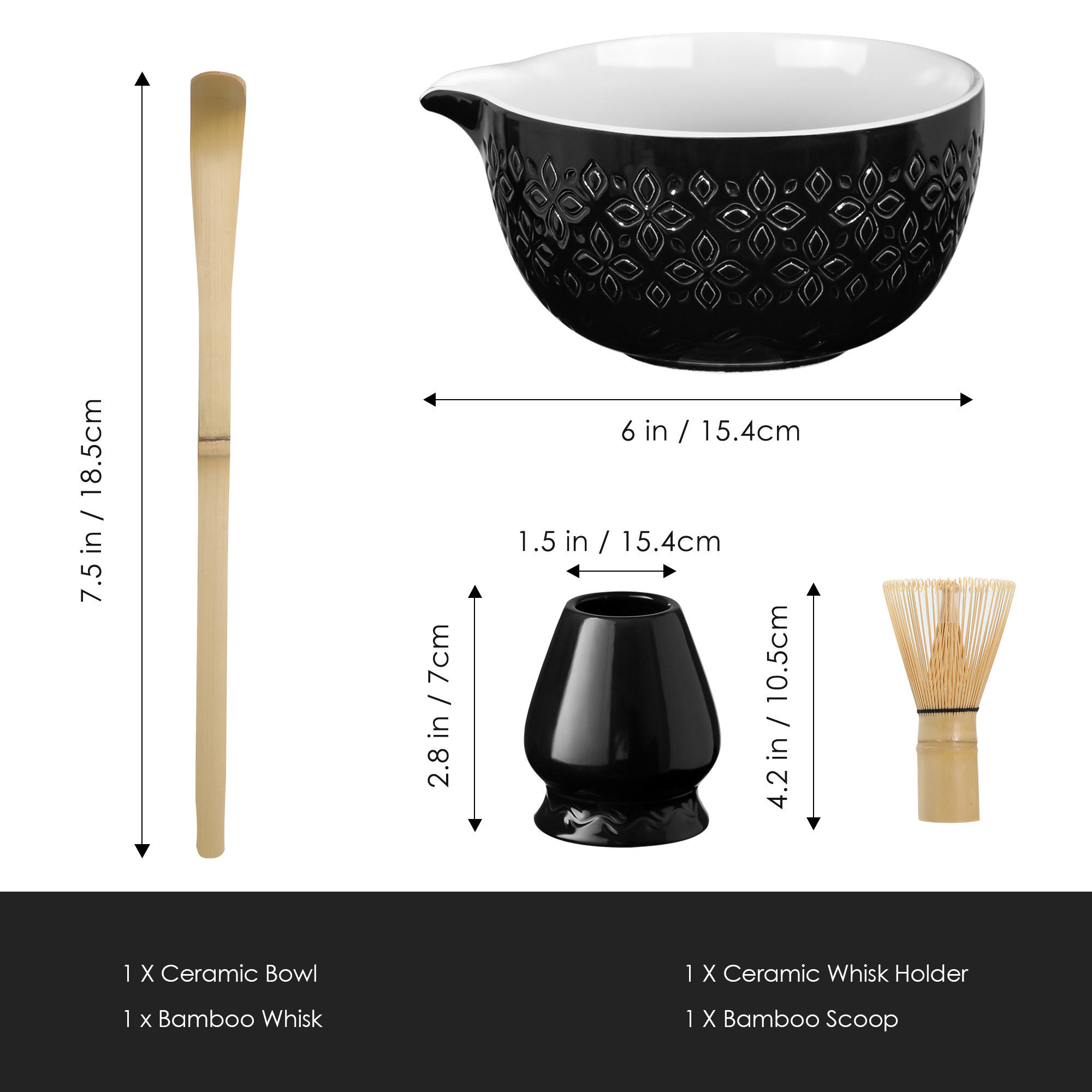 Matcha set(4pcs)-Flower01-Black