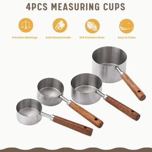 Eco-Friendly Stainless Steel <b>Measuring</b> Cups and <b>Spoons</b> Set with Wood Handle for Dry and Liquid Ingredients - Product Image 2