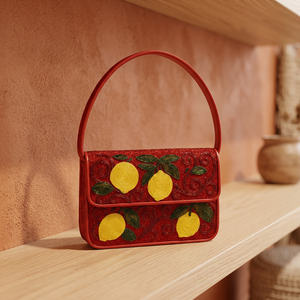 Handmade Embroidered Polyester Washable <b>Red</b> Rectangular Purse with Lemon Pattern Textile Craft - Product Image 4