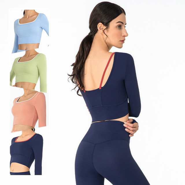 New Design Double Colors  Sexy Fitness Strap Crop Tops With Bra Built U Neck Long Sleeve Crop Shirt for Women