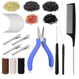 Kit d'outils pour extensions de cheveux avec micro-anneaux, pinces, crochets, peigne, aiguilles, fil et clips pour l'installation et le retrait - Product Image 1
