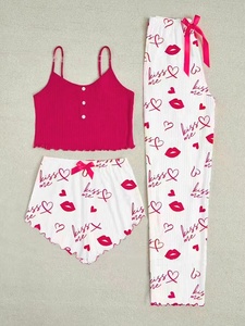 Conjunto de Tres Piezas de Ropa para Dormir con Estampado de Corazón, Pantalones Cortos con Tirantes, Cómodo y Unisex, Venta al Por Mayor Transfronteriza - Product Image 2