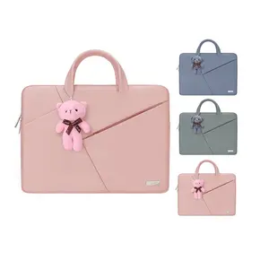 BUBM Colorful 2 Way Zipper with Bear Doll Front Slot Access Pocket Compartment Cute 14 15.6 Inch PU Leather Women Laptop Bag