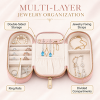 Rechteckige Schmuckschatulle mit individuellem Logo, doppelseitig, aus PU-Leder, Organizer-Box mit Ringrollen, Fächern und Reißverschluss, weich