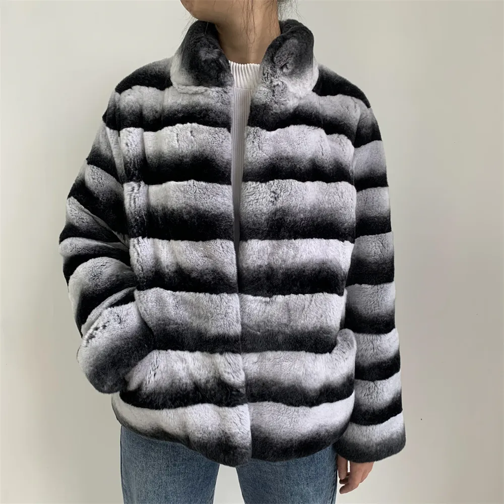 Vente chaude Hiver Fourrure Naturelle Vestes À Manches Longues De Luxe Dames Chinchilla Personnalisé Femmes Rex Lapin Vrai Plein Manteau De Fourrure