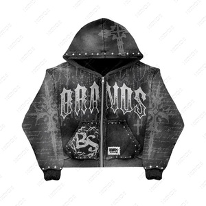 2025 Trending 100% Cotton French Terry Rhinestone <b>Hip</b> Hop Acid Wash Unisex Summer Heavyweight Hoodie Custom Printed - Product Image 1