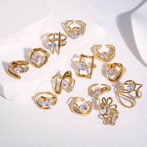 <b>Vintage</b> 18k <b>Gold</b> Plated Waterproof Jewelry Non Tarnish Stainless Steel Fashion Irregular Adjustable Zircon <b>Rings</b> for Women - Product Image 1