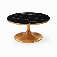 Table basse ronde en marbre noir avec piétement tulipe en feuille d'or et base en fibre de verre haute brillance, personnalisable