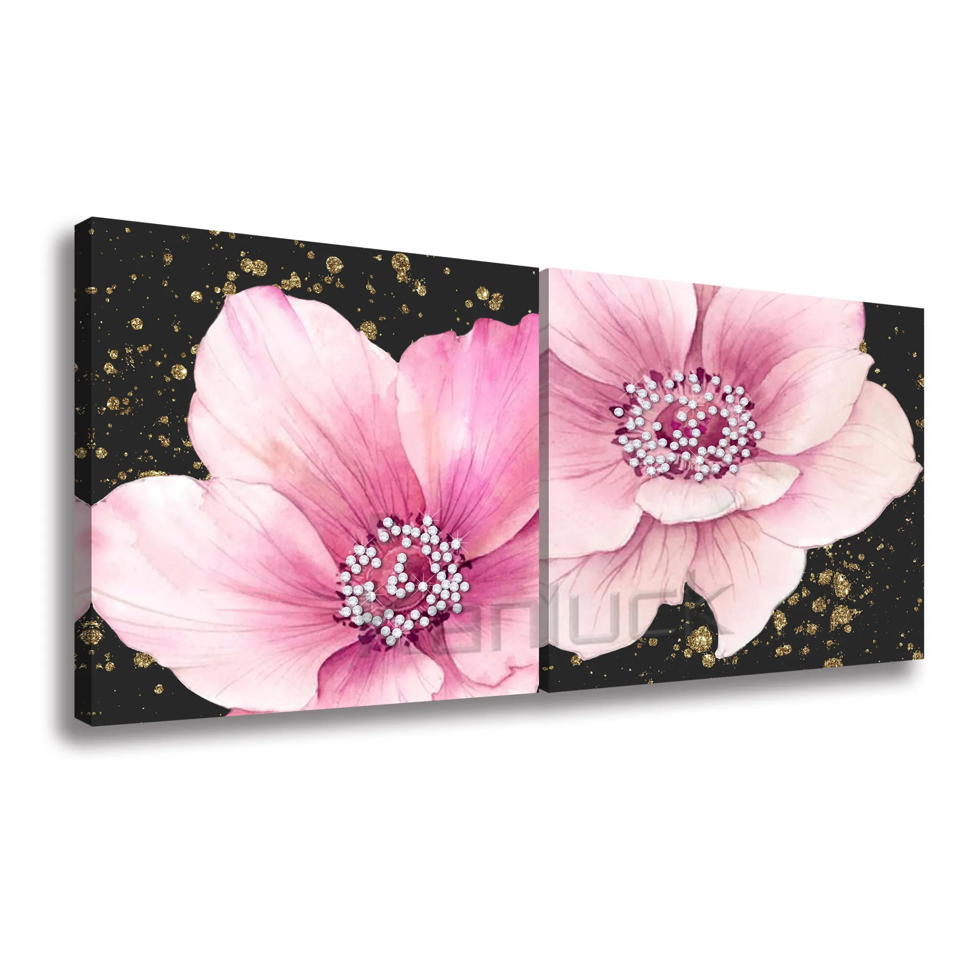 Pink Floral Sets Large Embellished Painting Canvas Wall Art Wit Multi Glitter For Living Room