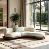 Canapé modulaire incurvé en tissu crème avec base en bois massif, canapé moderne pour salon d'appartement urbain