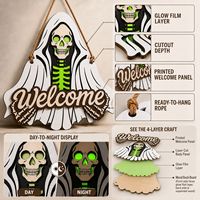 Décoration Suspendue Lumineuse en Bois pour Halloween, Panneau de Porte Multicouche Empilé avec Crâne et Fantôme, Lumineux pour Porche et Mur