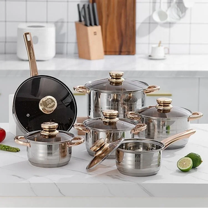 Factory Direct Sale 12-Piece Classic Stainless Steel Gold <b>Cookware</b> <b>Set</b> Glass Cover Eco-Friendly Kitchen Cooking Pots Casseroles - Product Image 1