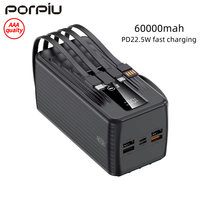 Banque d'alimentation ultra-mince PORPIU grande capacité 60000 mAh Li-Polymère avec charge ultra-rapide PD22.5W, affichage LED et câble Type-C – Vente en gros