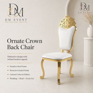 Chaise de mariage de luxe en acier inoxydable doré avec dossier couronne baroque et coussin blanc pour événements de mariage et banquets - Sièges événementiels - Product Image 1