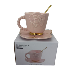ชุดแก้วกาแฟและชาเซรามิก 3 มิติ ลายดอกกุหลาบ ดีไซน์สร้างสรรค์ ขนาด 280 มล. พร้อมถาด ช้อนสีทอง ใช้กับไมโครเวฟและเครื่องล้างจานได้ - Product Image 3