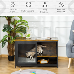 Cassa per gatti in legno, mobili in stile gabbia per cani, cuccia per cuccioli al coperto, End Table casa per animali con cuscino e porte scorrevoli rustiche marrone - Product Image 3