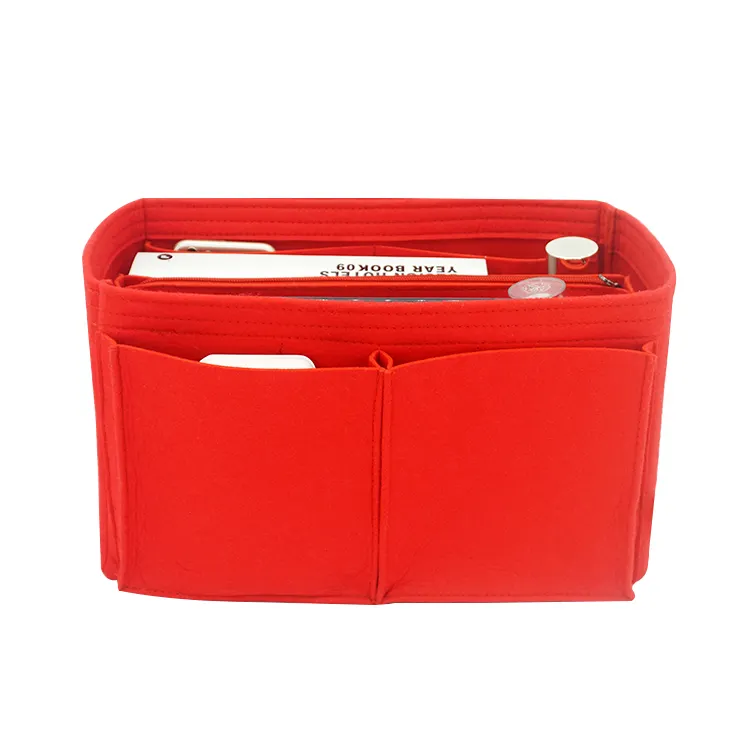 Multi-pockets red color eco-friendly handbag tote bag organizer felt bag liner