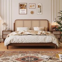 Cadre de lit en rotin naturel avec tables de chevet assorties, montage facile pour la décoration de chambre à coucher, style minimaliste, prêt à l'emploi
