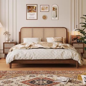 Natural <strong>Rattan</strong> <strong>Bed</strong> <strong>Frame</strong> With Matching Nightstands Easy Assembly for Bedroom Home Decor Minimalist Style Retail Ready Set - Product Image 4