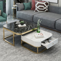 Table basse en acier inoxydable doré à 2 pièces, table centrale en marbre avec tiroir en bois, prix bas, vente chaude