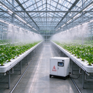 Le système de brumisation White Mist Host se trouve dans une serre en verre hydroponique, des buses invisibles pulvérisent une brume fine pour humidifier les cultures de légumes-feuilles. - Product Image 1