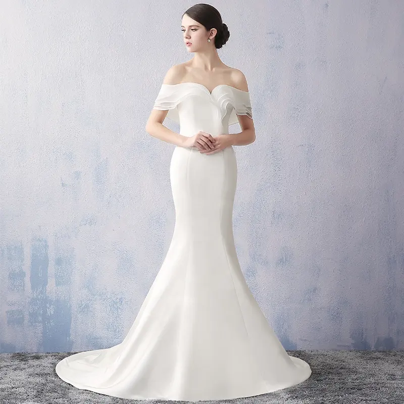 Simple Ruffled Sheath Wedding Dresses Custom Made Off Shoulder Satin Bridal Gowns